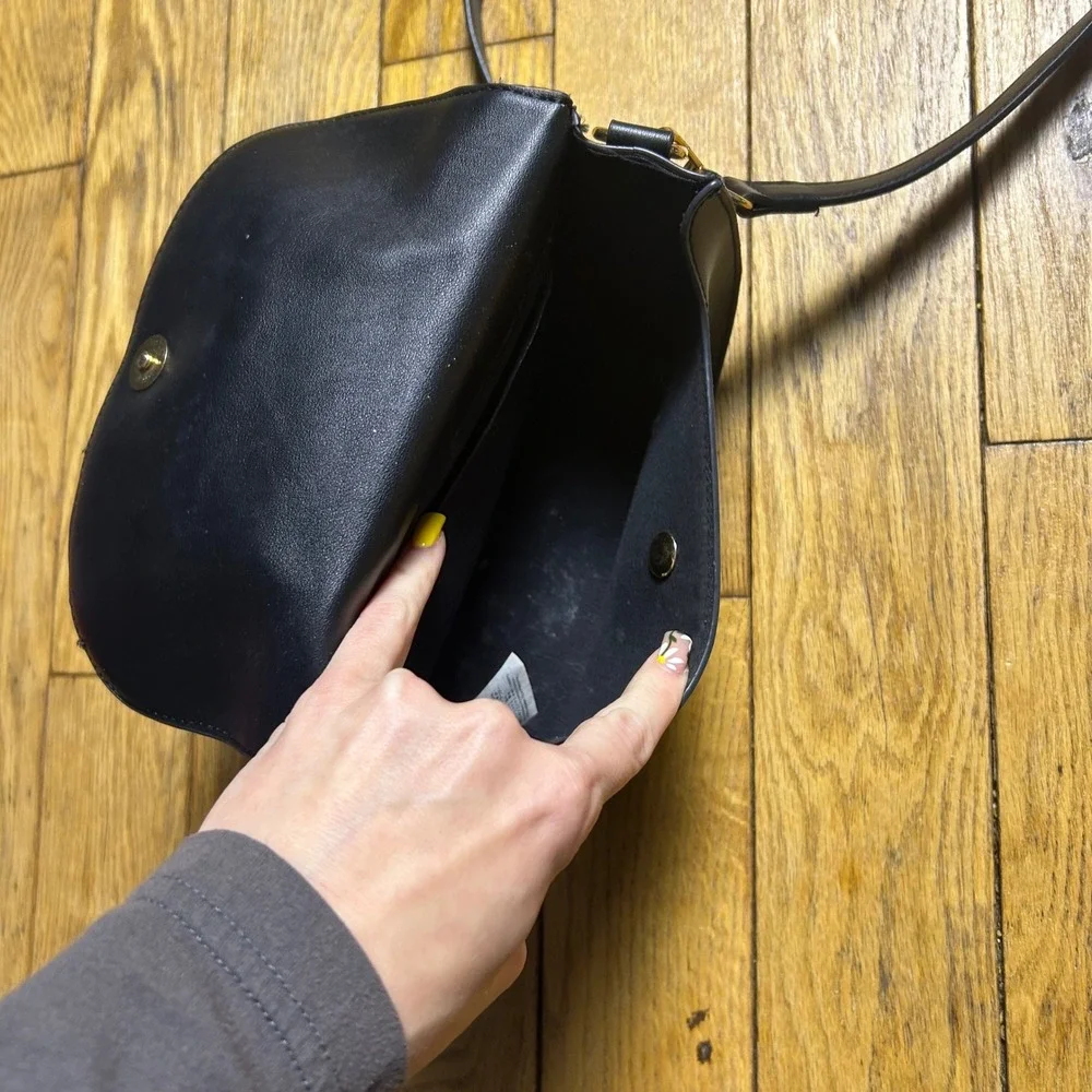 Black Faux Leather and Suede Crossbody Saddle Bag‎ with Gold Hardware